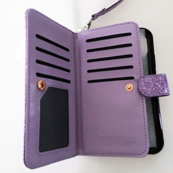 PHONE 11 6.1" GILTTER PURPLE FLIP WALLET WRIST STRAP CARD HOLDER - Picture 8 of 16